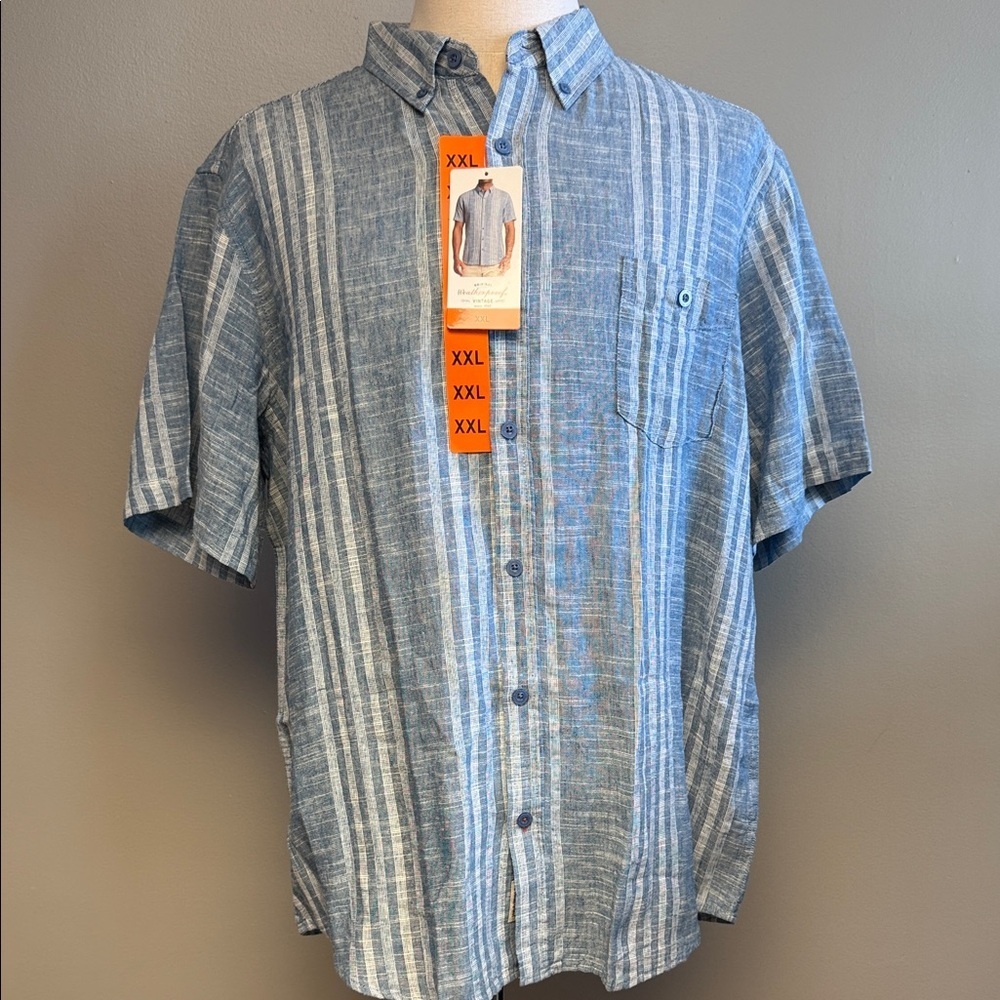 Weatherproof Vintage Linen Blend Button Shirt Blue Stripe XXL NWT